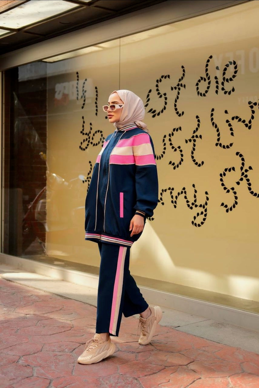 Navy blue tracksuit with pink and white stripes casual style