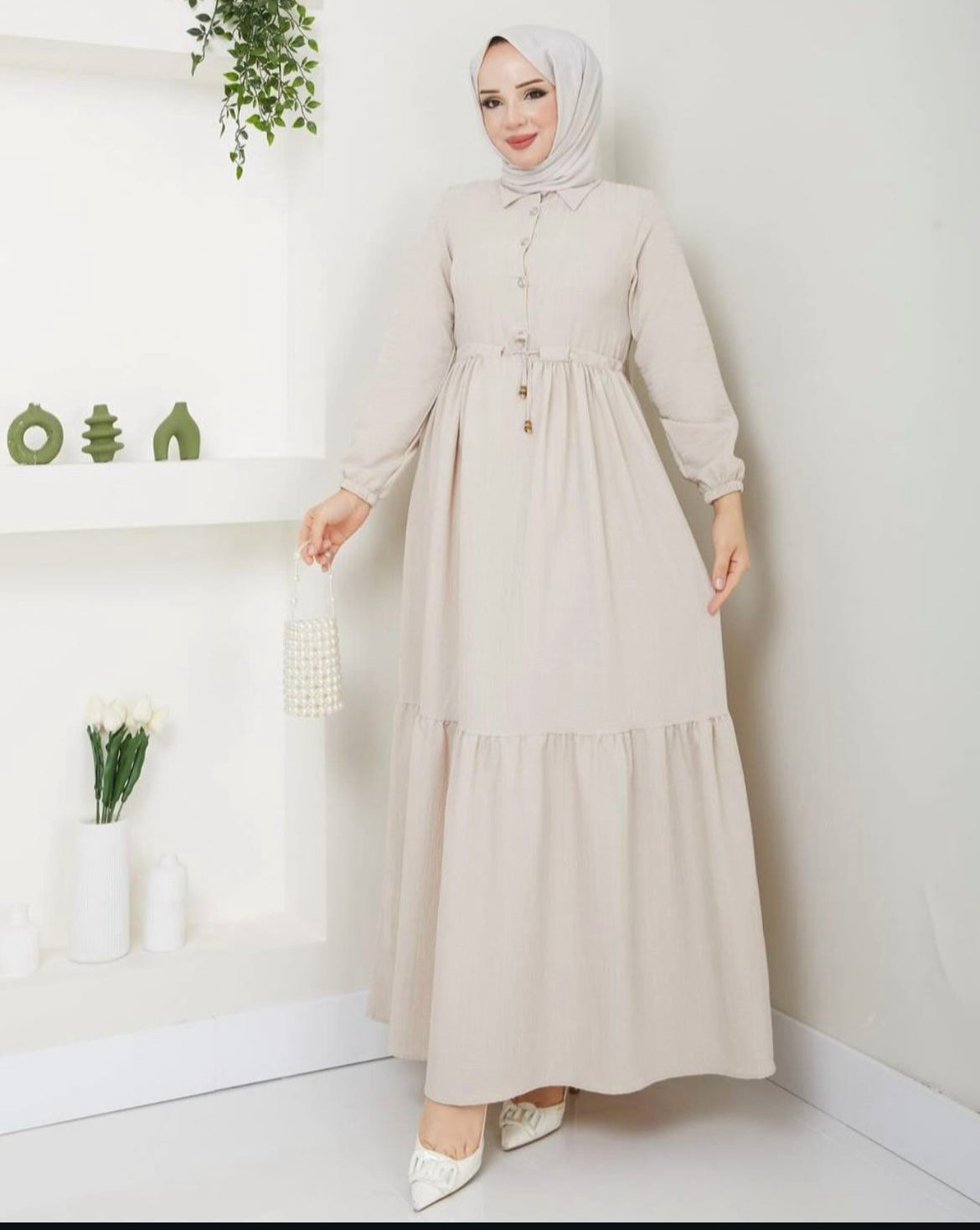 Cream pleated dress best sale