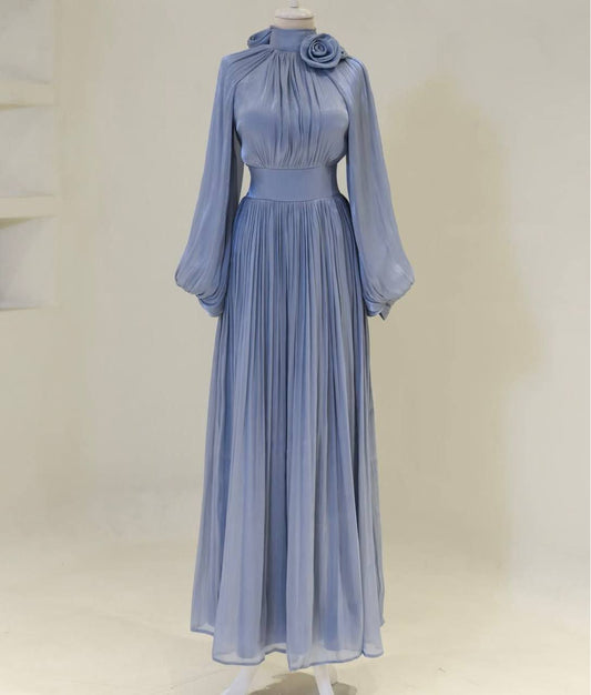 Elegant sky blue maxi dress is crafted from high-quality chiffon,