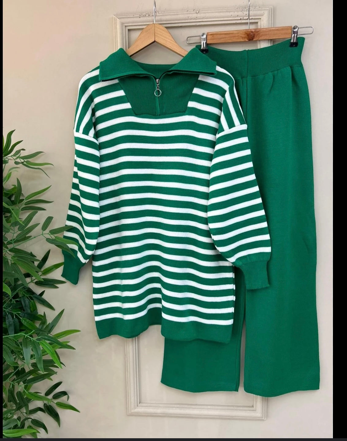 green and white striped sweater and matching pants