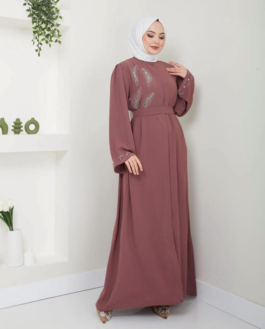 Exquisite Long Sleeve Dusty Rose Abaya Dress