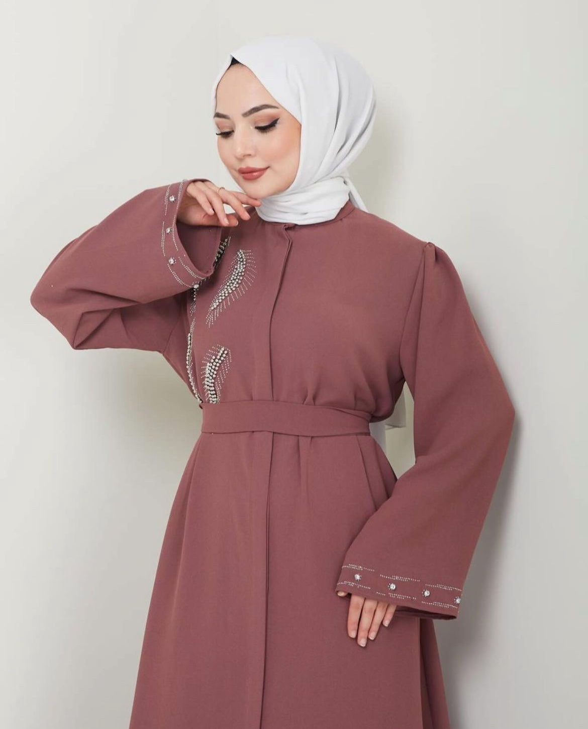 Exquisite Long Sleeve Dusty Rose Abaya Dress