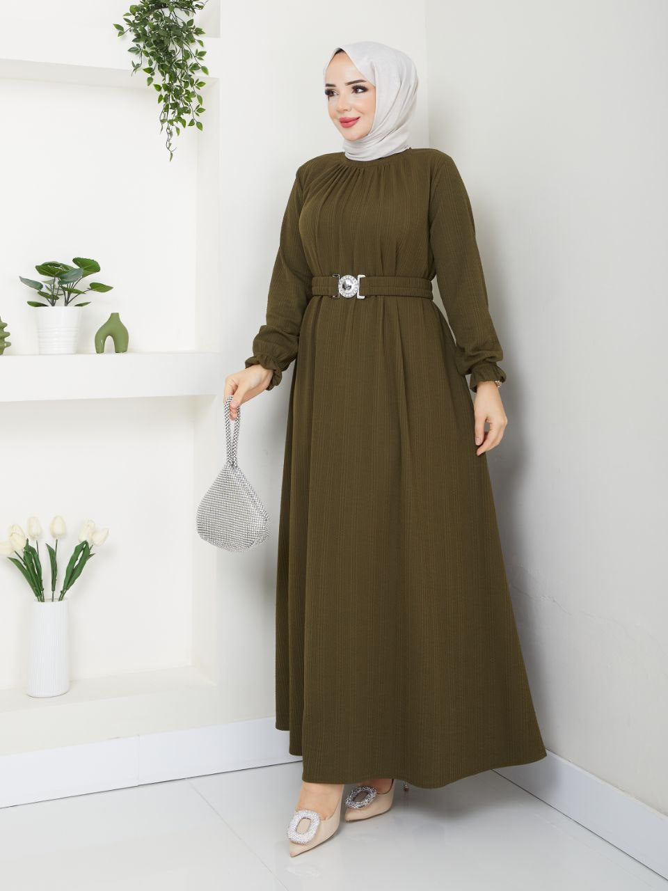 Olive Green dress with a belt