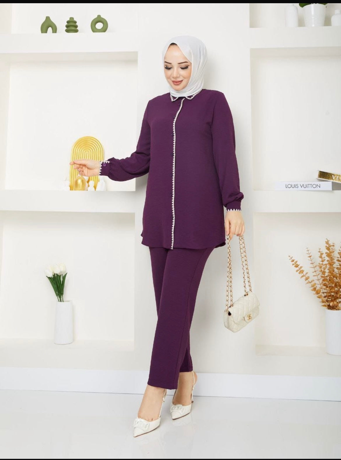 2 Piece Purple Set Casual Blouse and Pants