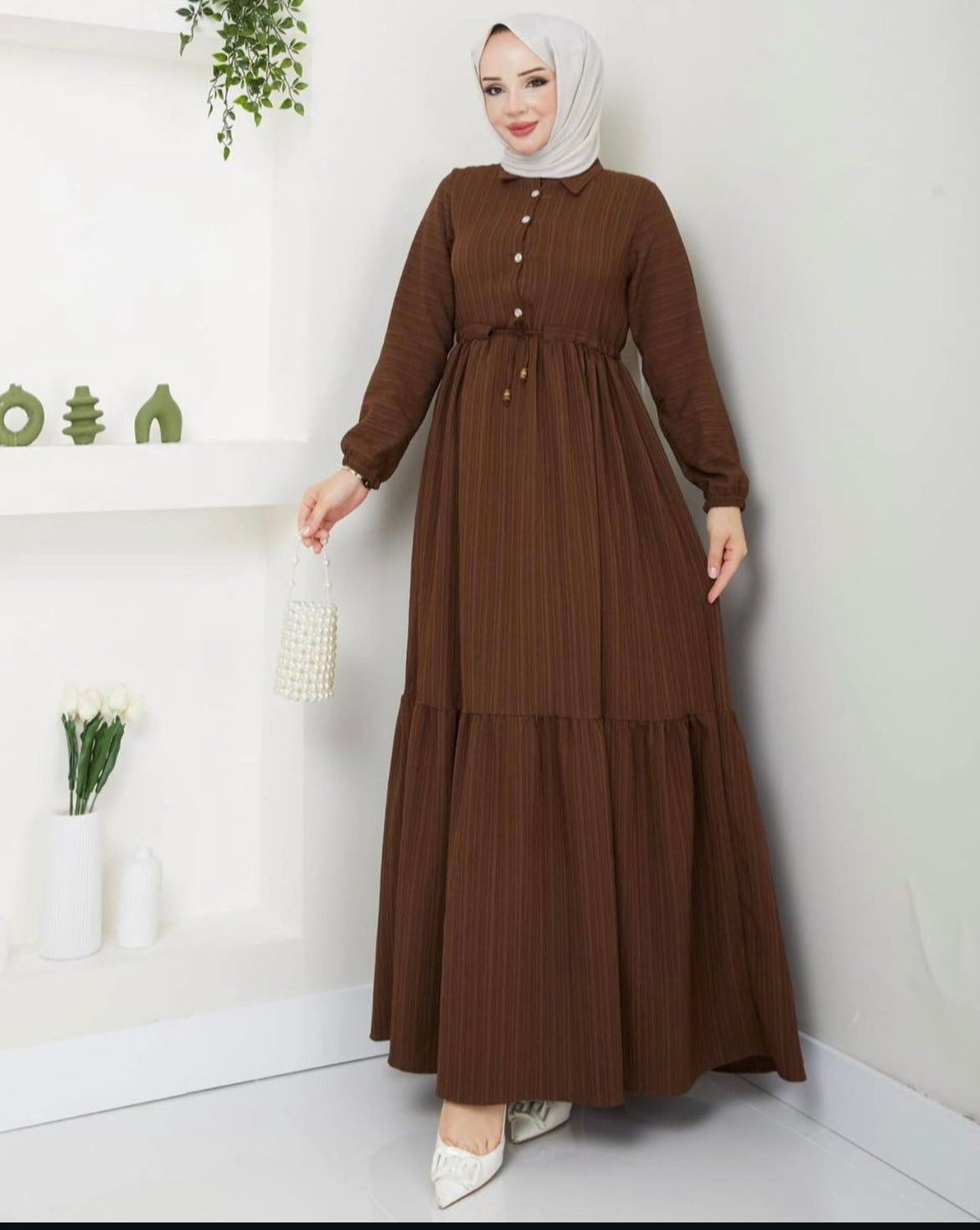 Pleated A-Line Flowy Belted Top Brown Dress