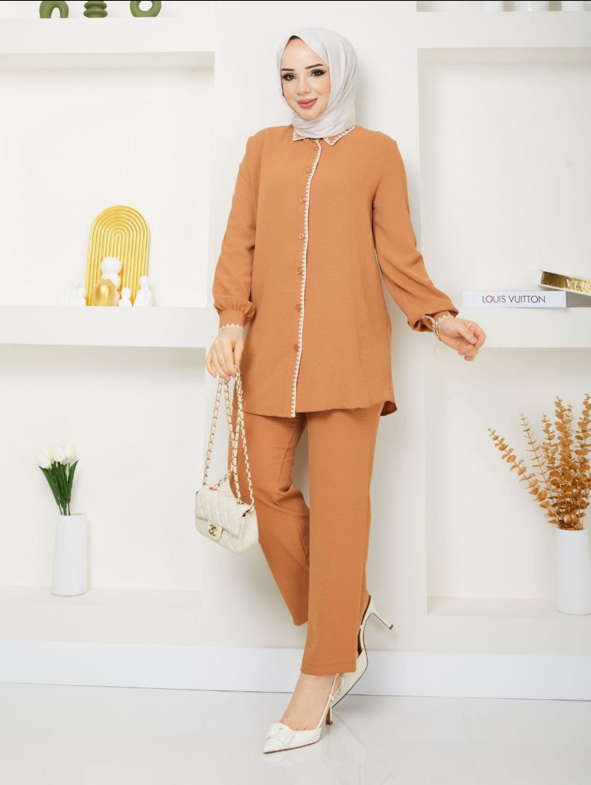 2 Piece Set Casual Blouse and Pants Beige