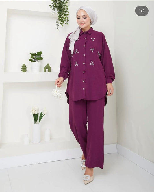 Relaxed Fit 2 Piece Pants and silver floral Blouse Purple