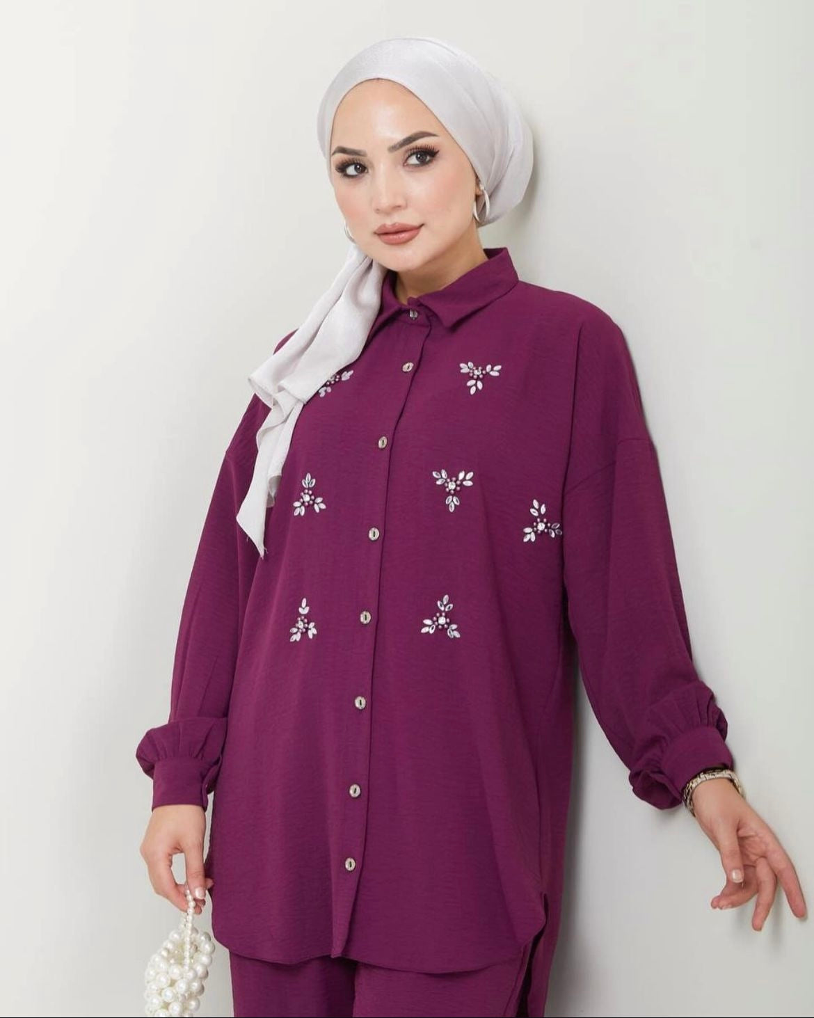 Relaxed Fit 2 Piece Pants and silver floral Blouse Purple