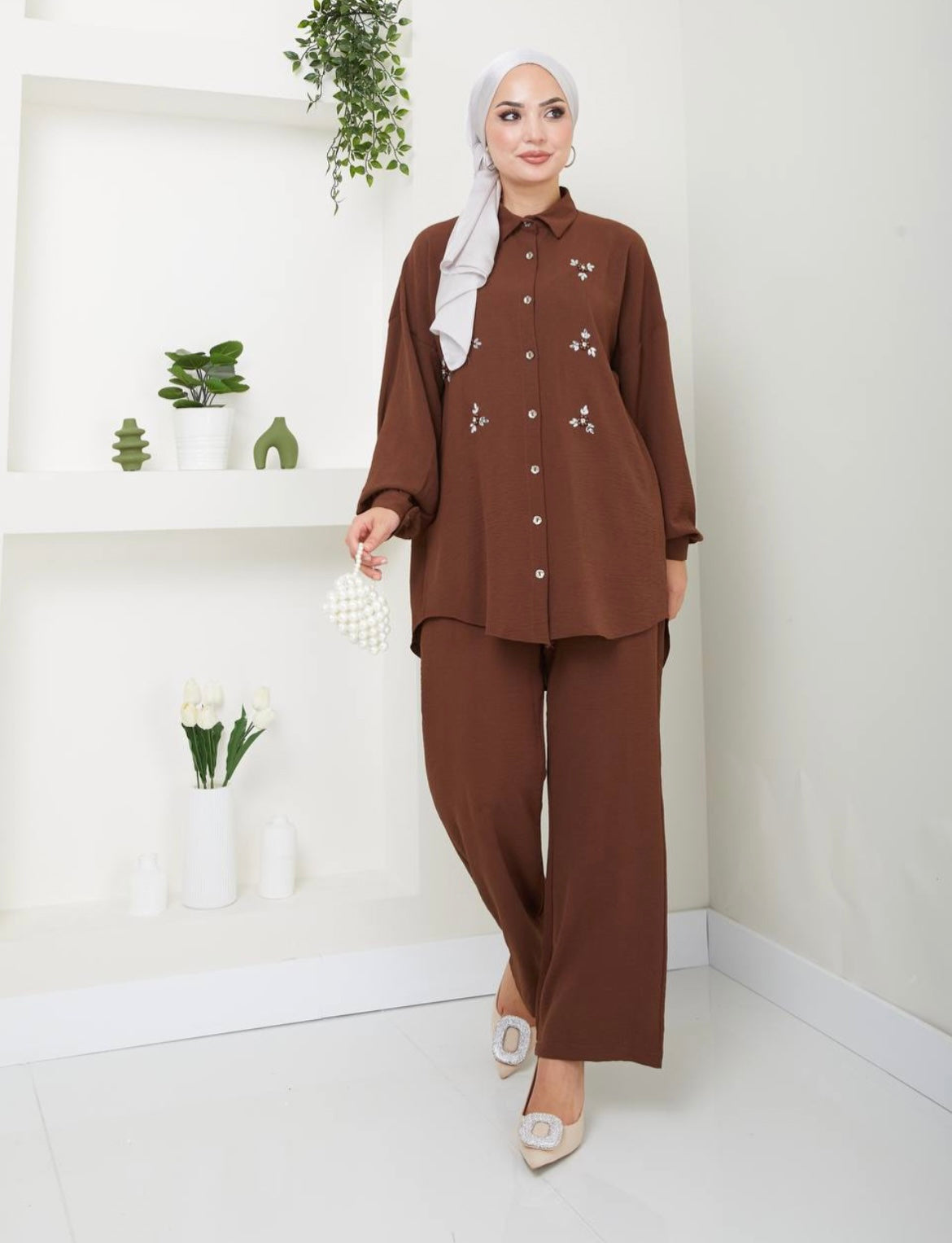 Relaxed Fit 2 Piece Pants and silver floral Brown Blouse