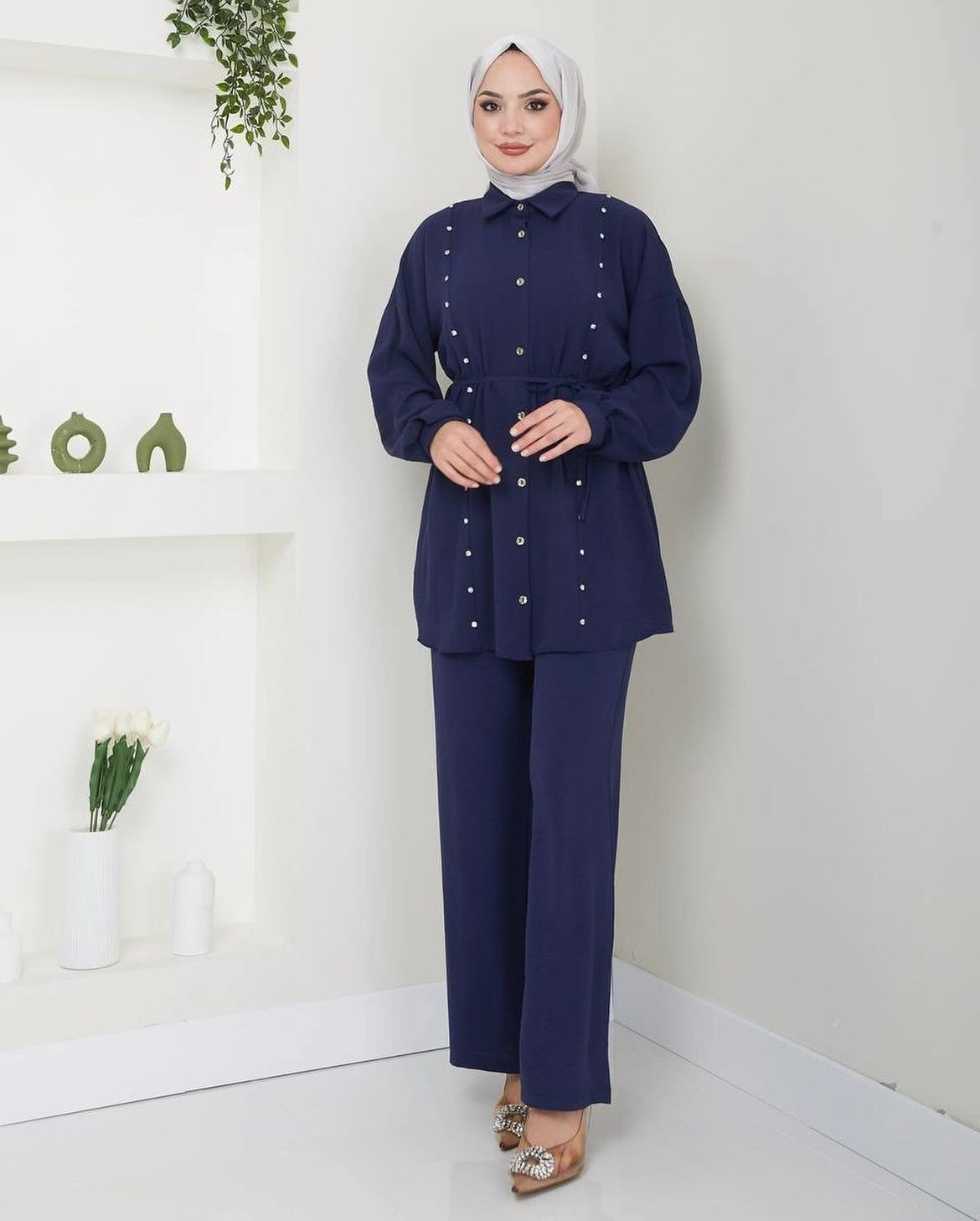 Dark Blue Tunic 2 Piece Pants and button-down shirt with waist tie