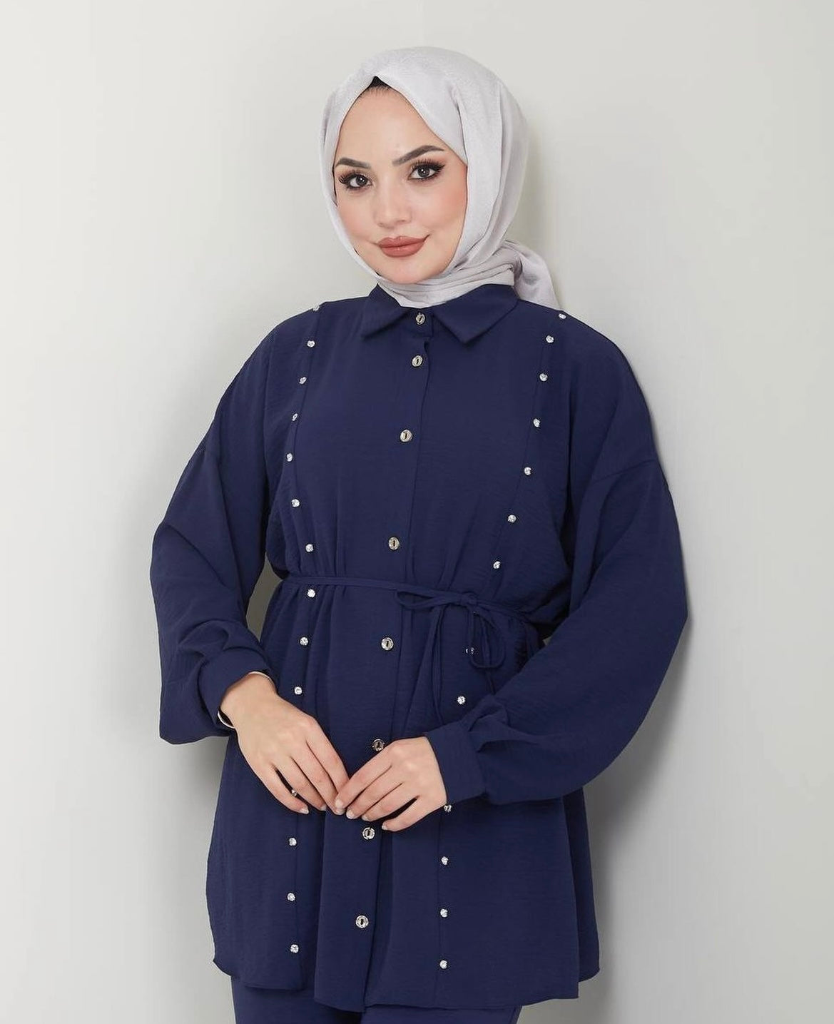 Dark Blue Tunic 2 Piece Pants and button-down shirt with waist tie