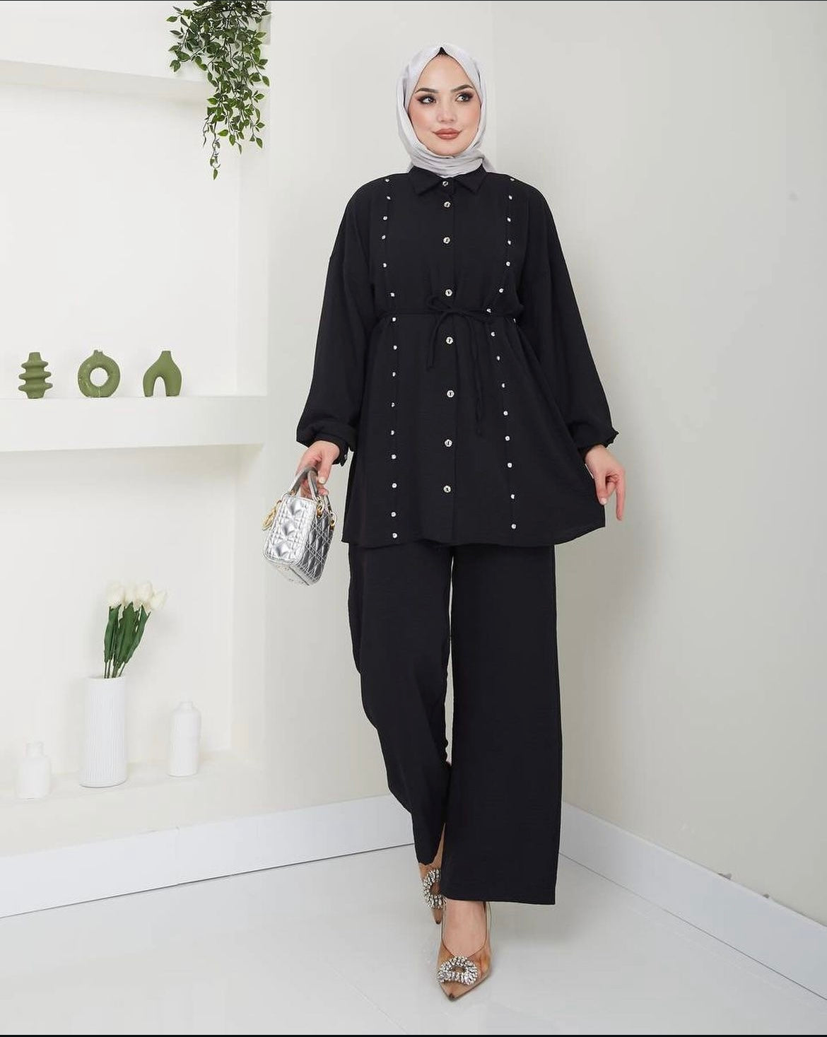 Black Tunic 2 Piece Pants and button-down shirt with waist tie