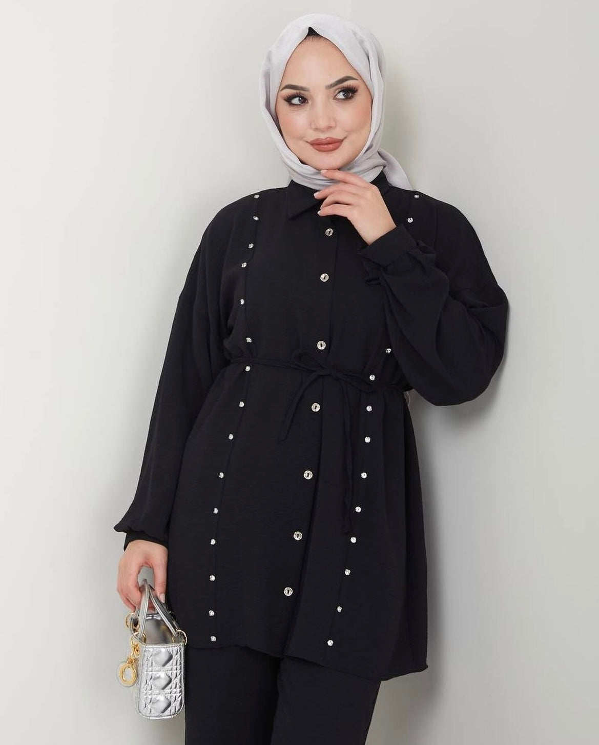 Black Tunic 2 Piece Pants and button-down shirt with waist tie