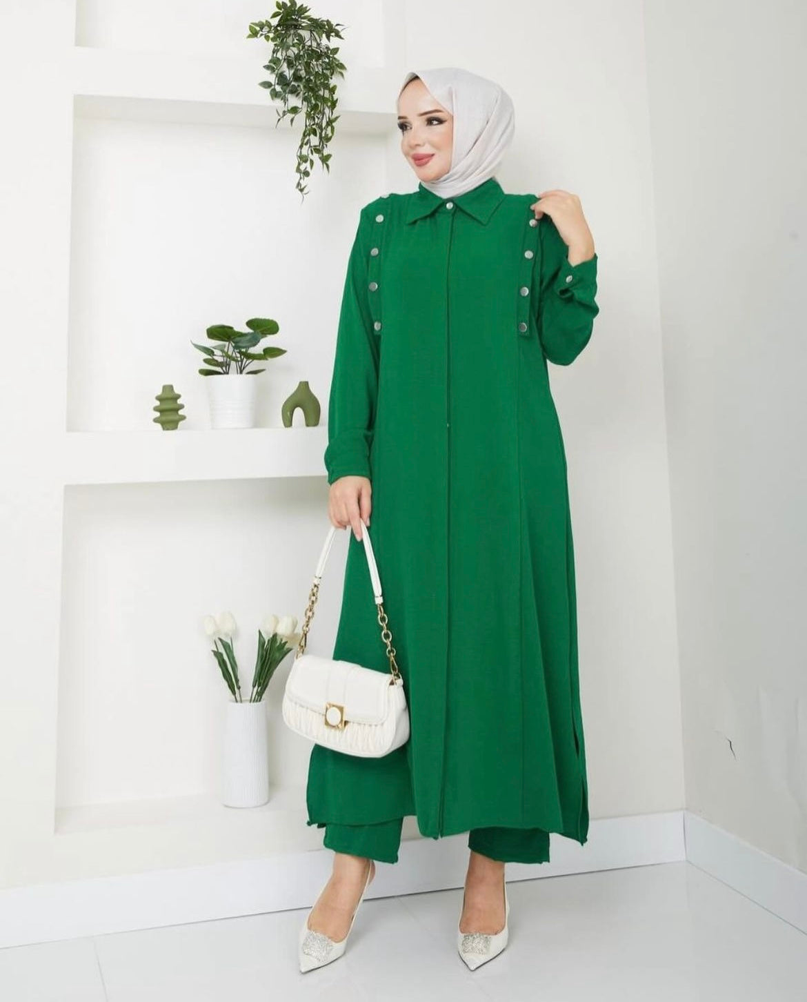 Green Casual outfit long sleeve Dress and pants