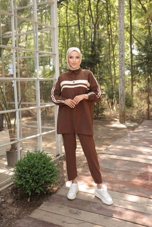 brown and white striped tracksuit matching with pants