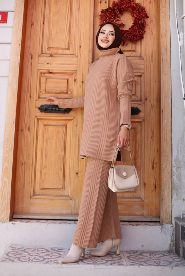 ribbed, camel-colored turtleneck sweater dress and matching trousers