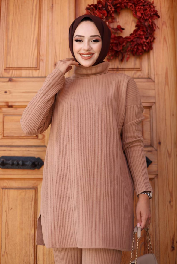 ribbed, camel-colored turtleneck sweater dress and matching trousers