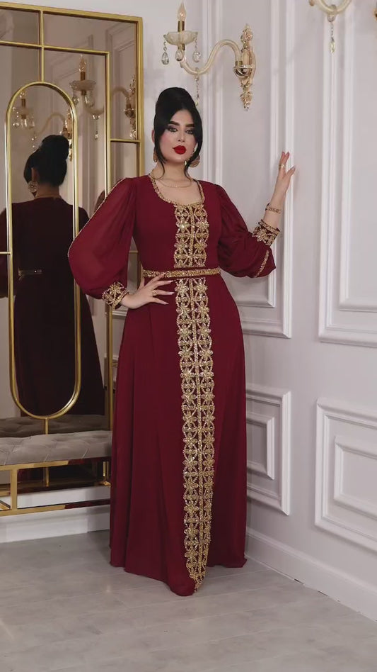 “Luxury Burgundy Maxi Dress with Gold Embroidery”